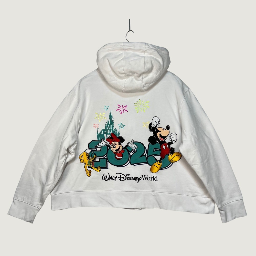 Disney White Zip Up Hoodie Women 2X Walt Disney World 2025 Mickey‎ Minnie Pluto